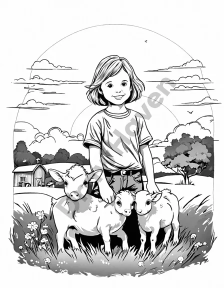 Coloring book image of children playing with farm animals at sunset in a meadow, exuding joy and innocence in black and white