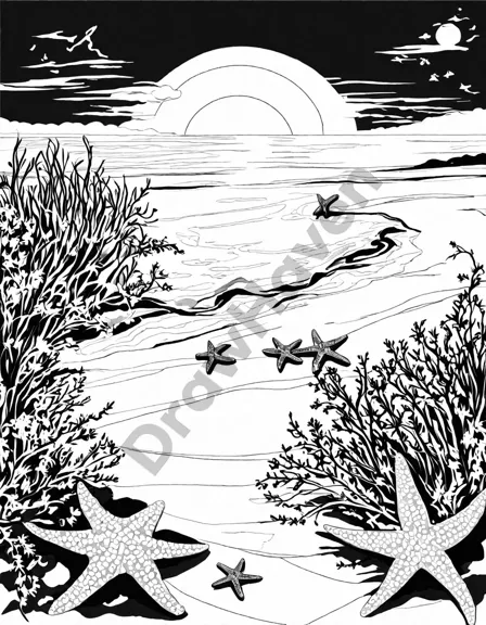coloring page of starfish and seaweeds on the sand at low tide, inviting artistic coloring in black and white