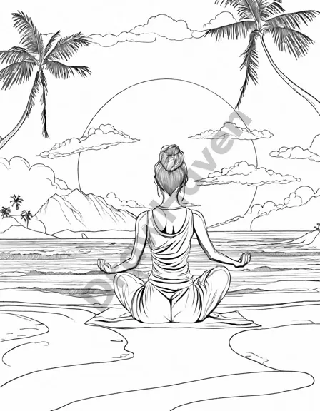 sunset yoga coloring book page featuring a figure in warrior pose on a beach as the sun sets in shades of orange, pink, and purple in black and white