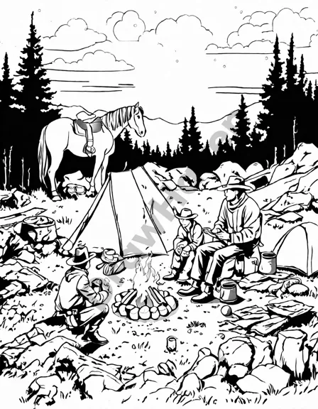 Coloring book image of rustic cowboy camp under starry sky with a fire, cowboy preparing meal, and horses grazing in black and white