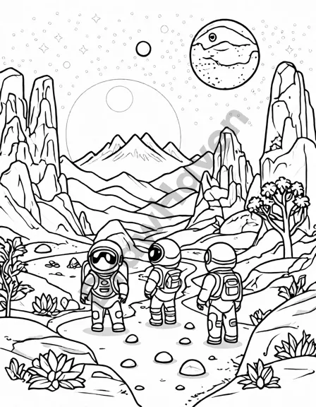 space explorers on alien planet coloring page with mysterious landscape and dual moons in black and white