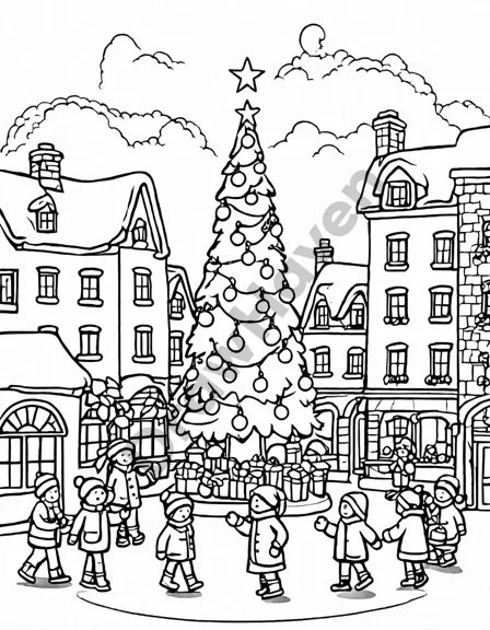 coloring book page of a magical christmas town square with a decorated tree, lights, and carolers in black and white