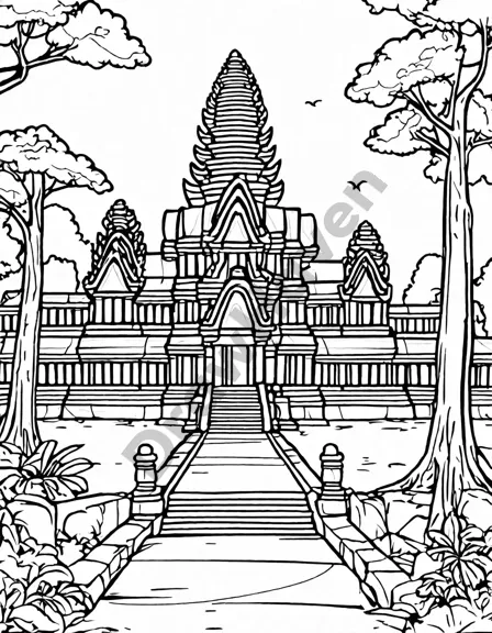 coloring book page featuring intricate angkor wat ruins and overgrown jungle paths in black and white