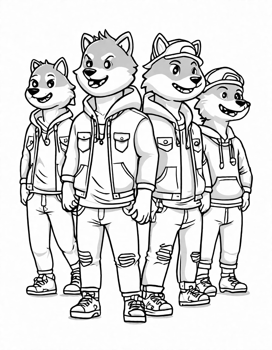 coloring page of werewolves in funny wardrobe malfunctions during transformation in black and white