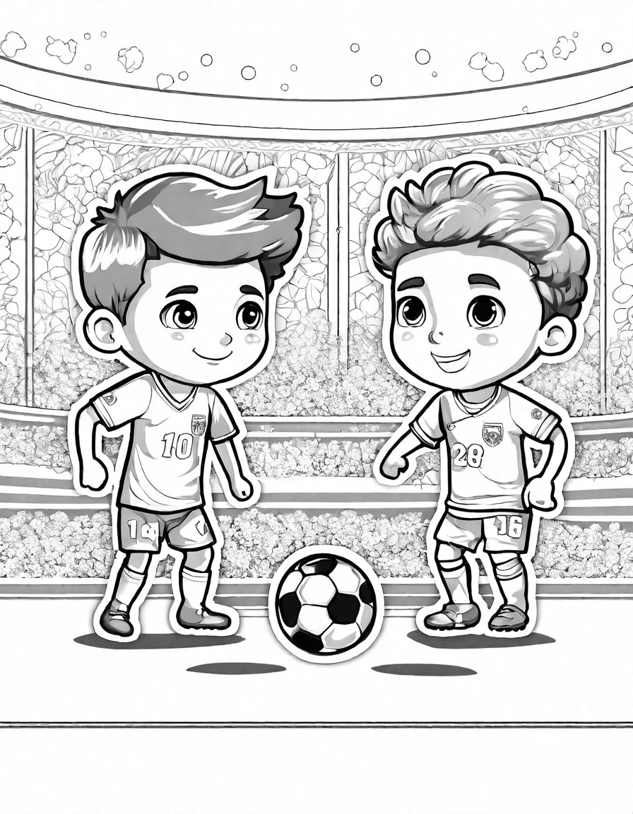 coloring page featuring intense soccer rivalry with detailed players and stadium backdrop in black and white