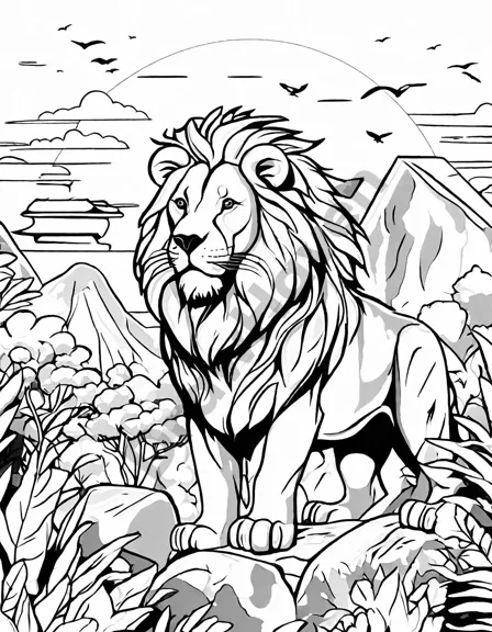 majestic lion roaring at dawn in a detailed jungle scene coloring book page for children in black and white