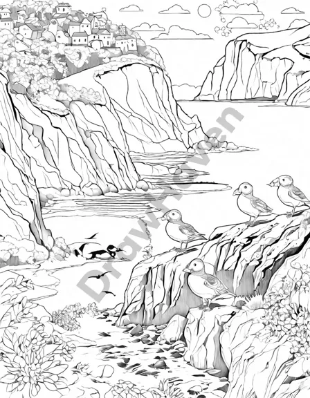 Coloring book image of pair of adorable puffins perched on a coastal cliff, with prominent orange beak and eye-ring on the adult bird in black and white