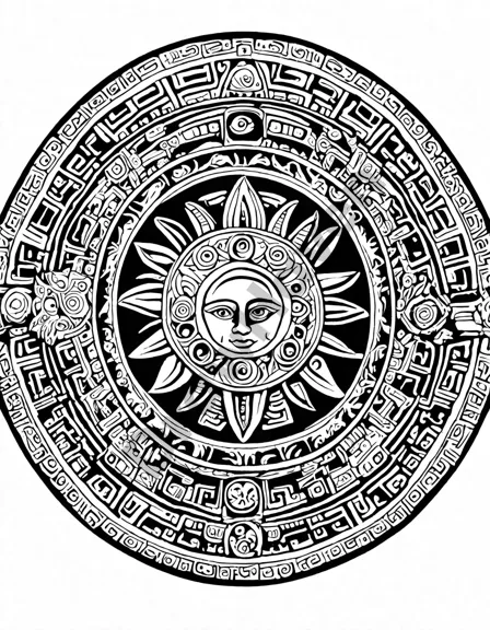 intricate aztec sun stone coloring page with tonatiuh's face and symbols representing aztec calendar deities. ideal for exploring aztec mythology with vibrant colors in black and white