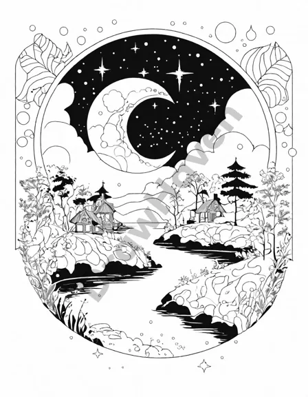 enchanted village under a starry sky in a coloring book page, ready to be filled with vibrant hues in black and white