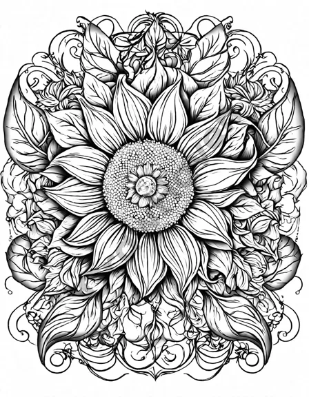 spiraling petals of a sunflower coloring page detailed with fine lines, intricate patterns, and surrounding foliage - ideal for nature art enthusiasts in black and white