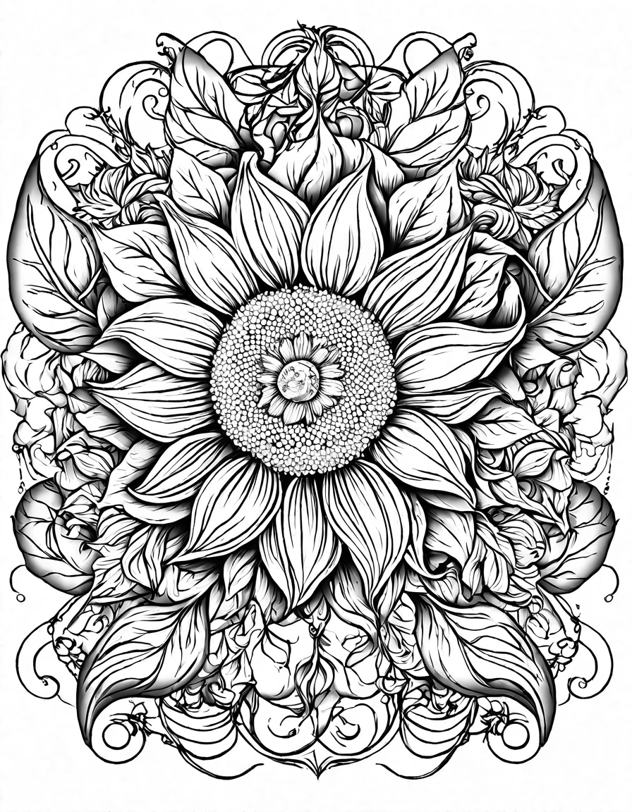 spiraling petals of a sunflower coloring page detailed with fine lines, intricate patterns, and surrounding foliage - ideal for nature art enthusiasts in black and white