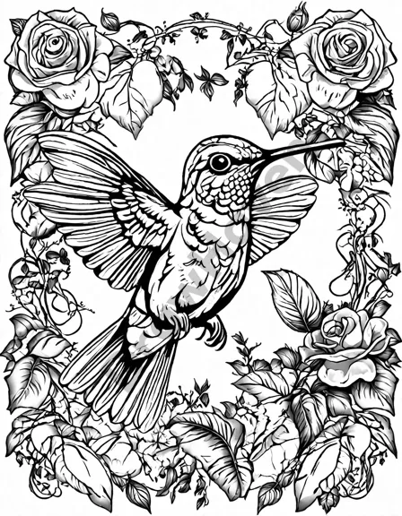 Coloring book image of hummingbird sips from a rose while a squirrel scampers and butterflies dance in a garden in black and white