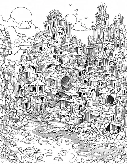 Coloring book image of submerged city of the ancient world ­– uncover underwater mysteries and color in a lost civilization in black and white