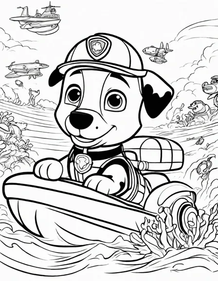 Coloring book image of paw patrol's zuma races in his hovercraft to the rescue, surrounded by splashing waves and vibrant coral reef in black and white