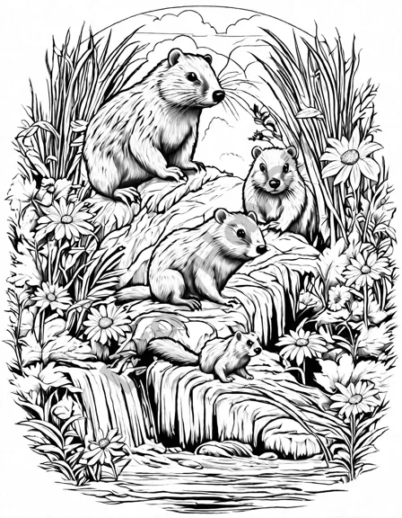 Coloring book image of family of beavers building a dam at busy beaver pond in a zoo setting, surrounded by other animals and nature in black and white