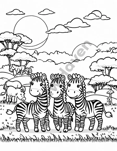 coloring page of a zebra herd grazing in the savannah with playful foals and acacia trees in black and white