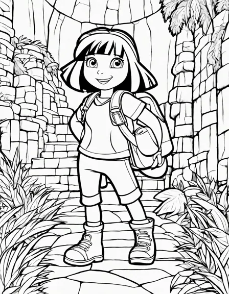dora and boots on a coloring page adventure in swiper's hideout in black and white