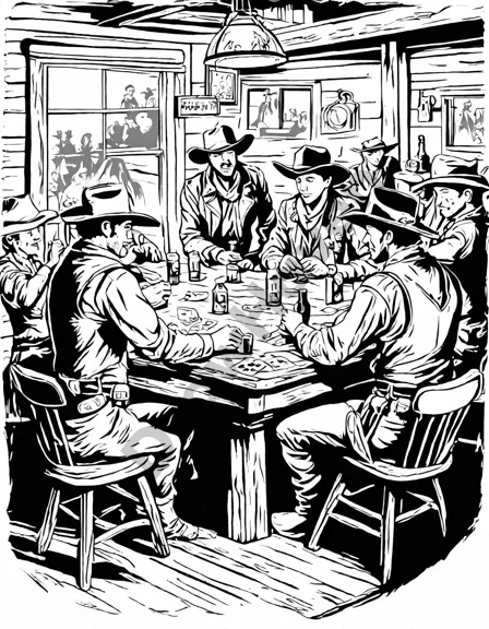 wild west saloon scene with cowboys and cowgirls playing a tense poker game, perfect for coloring in black and white