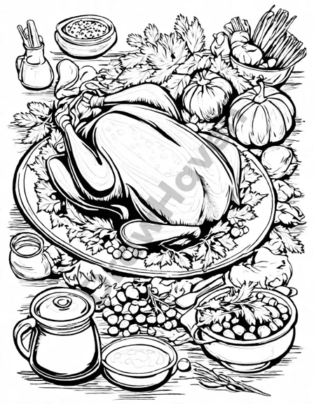 Coloring book image of family preparing holiday feast with turkey, sides, and pies in a warm kitchen scene in black and white
