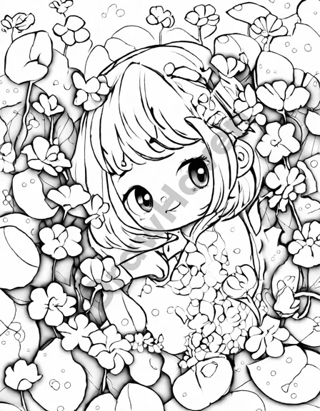 ethereal secret garden coloring page with glistening dewdrops and intricate details in black and white
