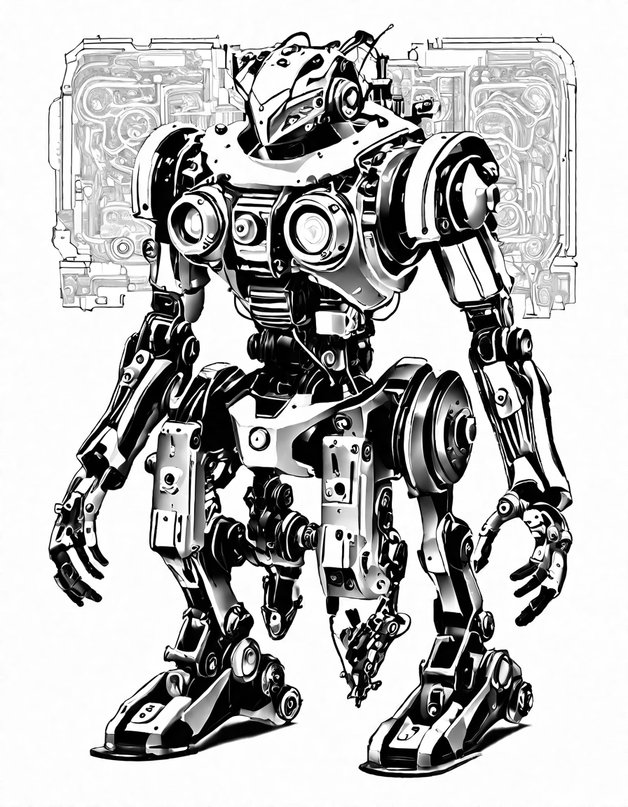 coloring page of a partially assembled robot with gears, circuits, and robotic components in black and white