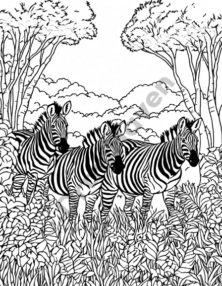 coloring page of zebras running through a lush jungle, inviting a colorful safari adventure in black and white