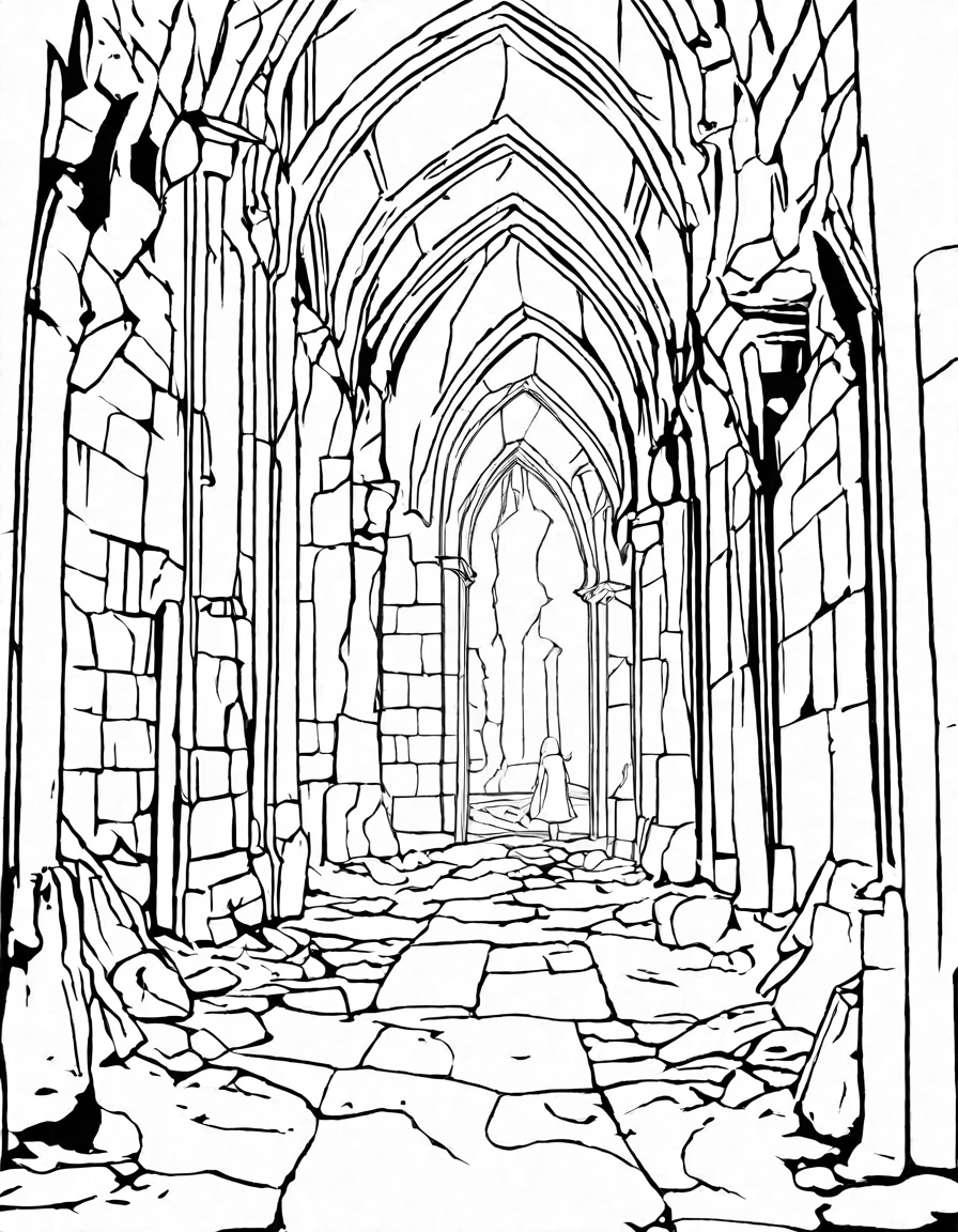 Coloring book image of desolate gothic corridor with crumbling walls, eerie shadows, intricate arches, and cobwebs in black and white