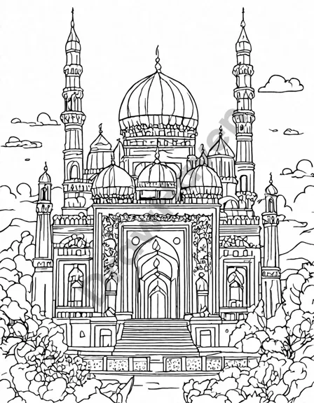 opulent ottoman palace coloring page with intricate designs, arches, minarets, and gardens for a creative journey into a bygone era in black and white