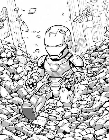 Coloring book image of iron man stands on a rocky surface in his iconic red and gold suit, symbolizing his unyielding determination in black and white