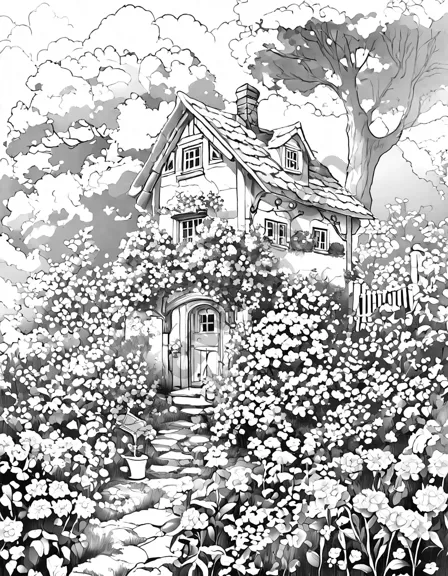 enchanting cottage garden coloring page featuring vibrant blooms dancing in the breeze in black and white