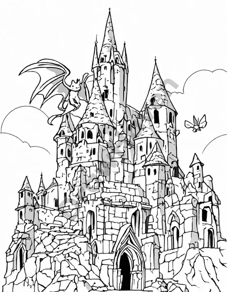 captivating coloring page featuring gothic gargoyles standing atop castle towers, their intricate wings and weathered stone texture inviting creativity and delving into architectural wonders in black and white