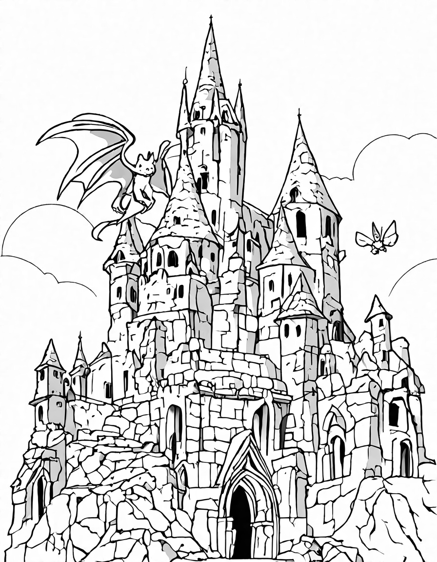 captivating coloring page featuring gothic gargoyles standing atop castle towers, their intricate wings and weathered stone texture inviting creativity and delving into architectural wonders in black and white