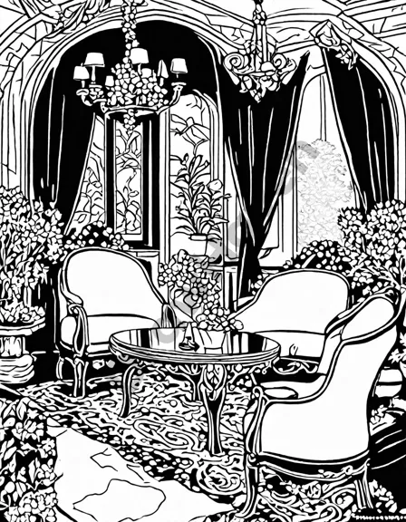 intricate art nouveau coloring page with luxurious furniture designs, sweeping curves, organic motifs, and vibrant colors in black and white