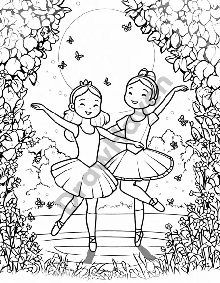 coloring book page of ballet dancers performing outdoors at twilight with fireflies and a sunset in black and white