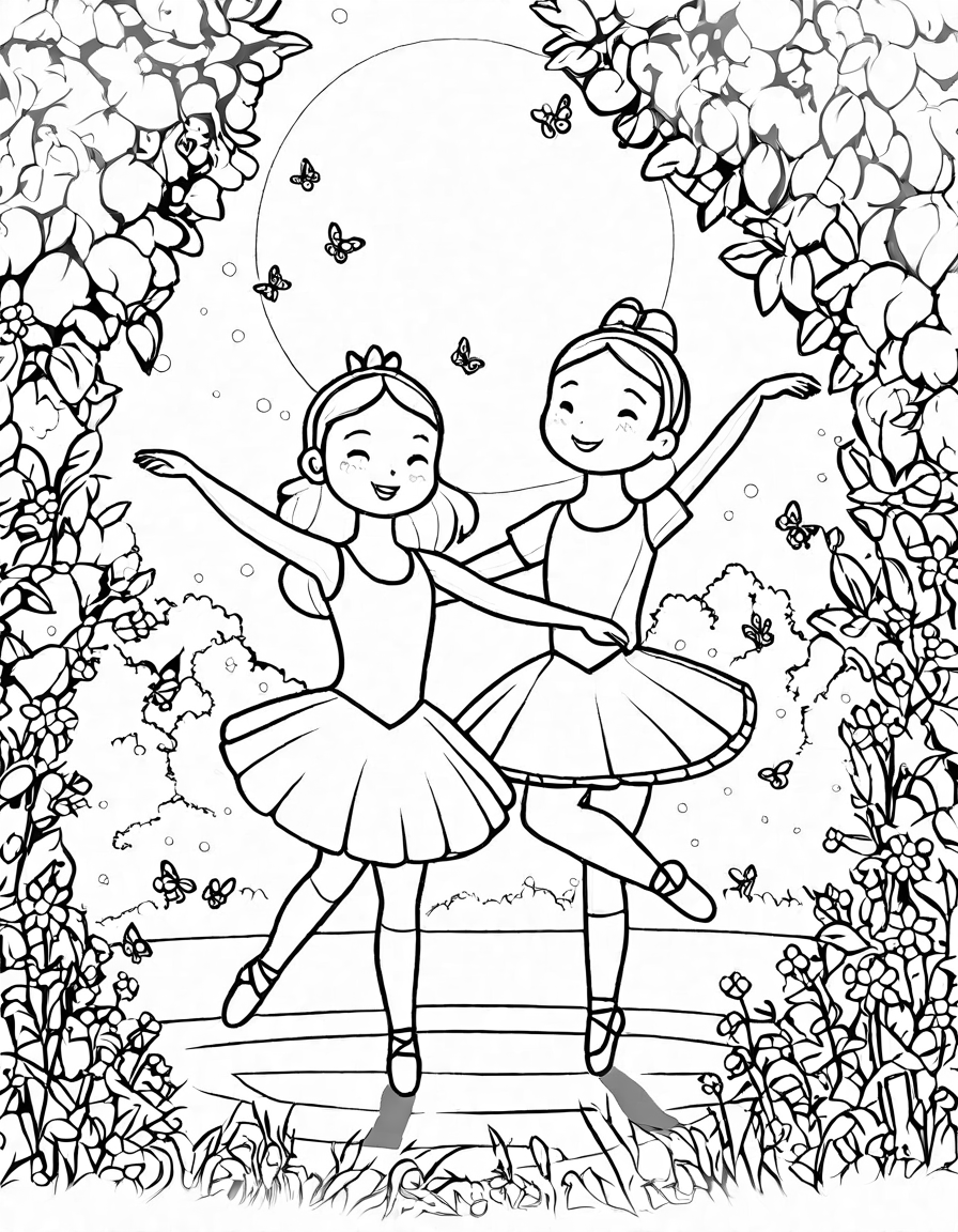 coloring book page of ballet dancers performing outdoors at twilight with fireflies and a sunset in black and white