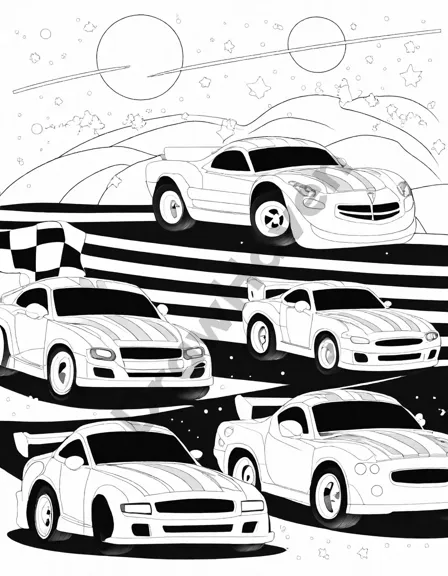 Coloring book image of race cars and trucks lined up at night, engines roaring, under a starry sky, ready for a thrilling race in black and white