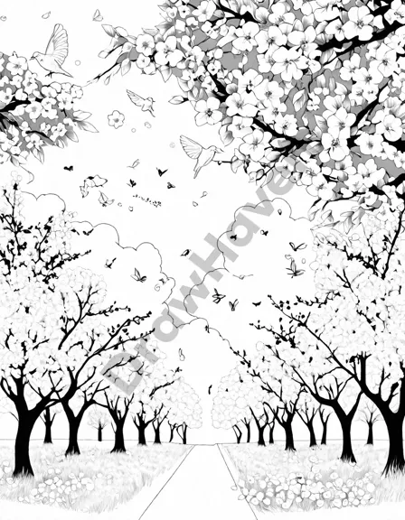 enchanting spring orchard coloring page with pink and white apple blossoms against a blue sky in black and white
