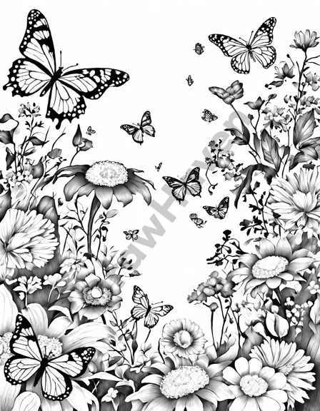 coloring page of an enchanted flower garden with vibrant flowers and delicate butterflies in black and white