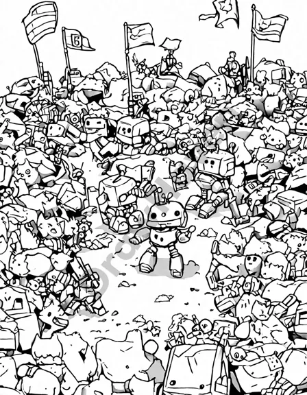 Coloring book image of robots ready to battle in an arena, with excited audience at the ultimate robot championship in black and white