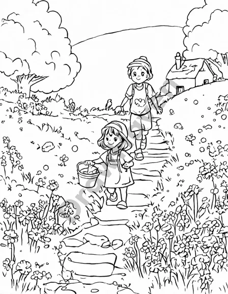 coloring book page of jack and jill with buckets ready to climb a hill, with a well at the top in black and white