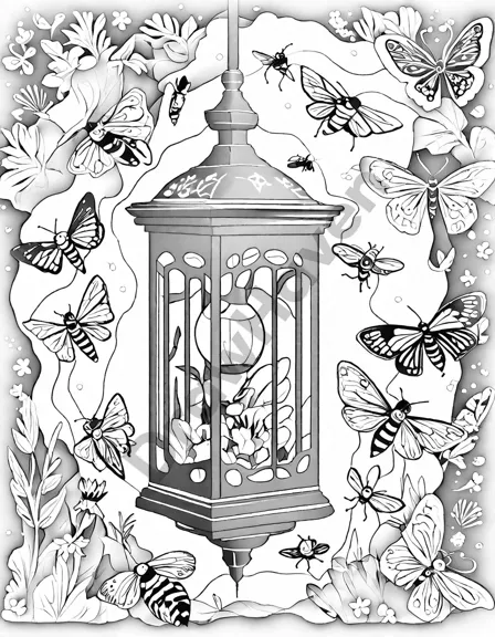 coloring book page with moths dancing around a glowing porch light, awaiting color in black and white