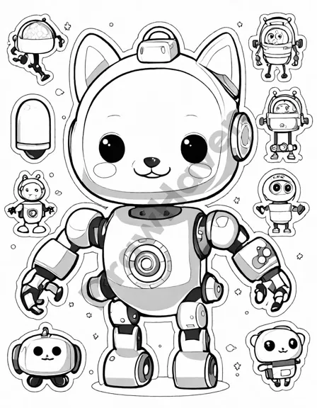 Coloring book image of children and robots play together in a colorful, tech-inspired playground scene in black and white