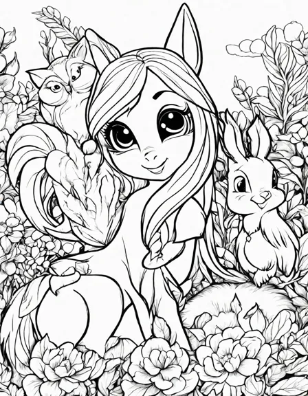 fluttershy, surrounded by squirrel, rabbit, and owl friends in coloring book page in black and white