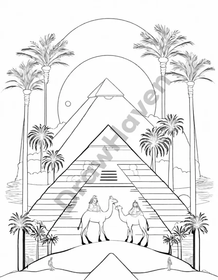 exquisite coloring page of majestic pyramids of egypt with surrounding ancient egyptian elements for all ages in black and white