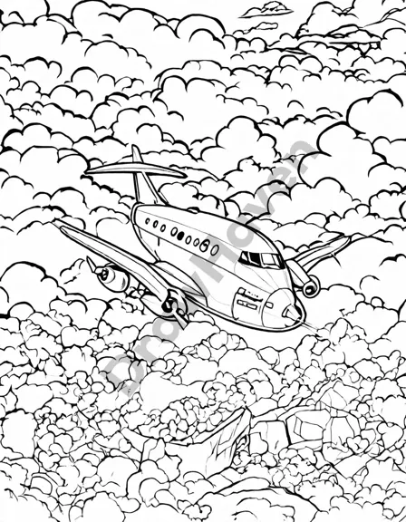coloring page of an airplane flying over clouds with earth's landscape below in black and white