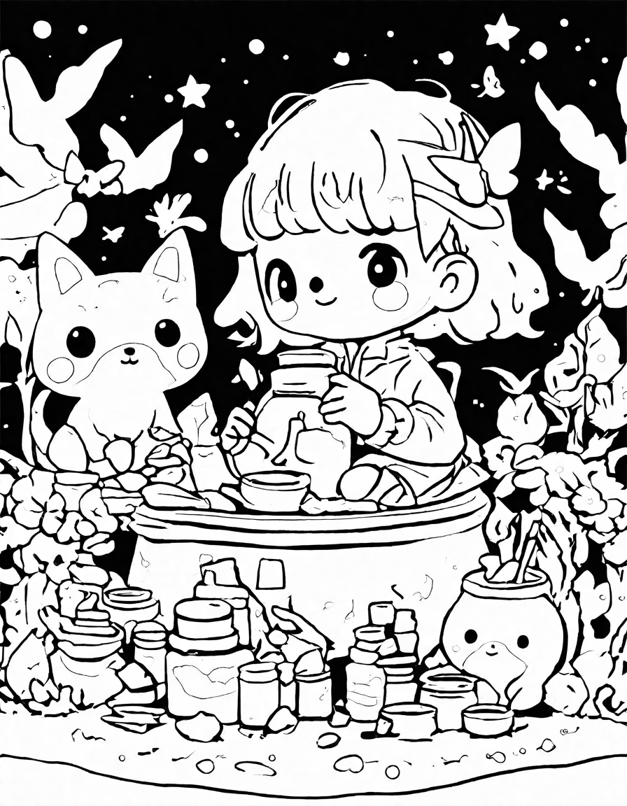 Coloring book image of enchanted forest pixies and potions workshop with magical ingredients, ancient cauldron bubbling, and playful pixies at work in black and white