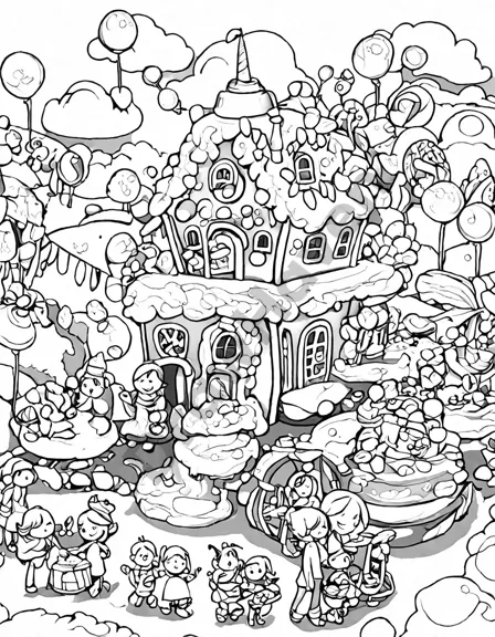 coloring page of candy land: the sweetest birthday with cotton candy clouds and a gingerbread house in black and white