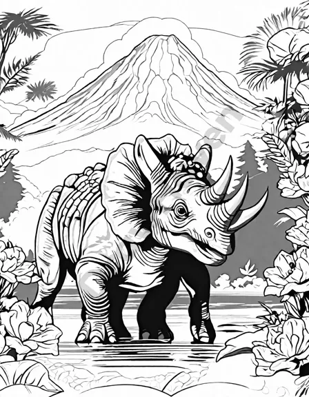Coloring book image of triceratops grazing by a lake with a smoking volcano and playful dinosaurs in the background in black and white