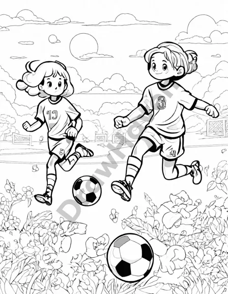 coloring page of soccer match under sunset with players and vibrant sky in black and white