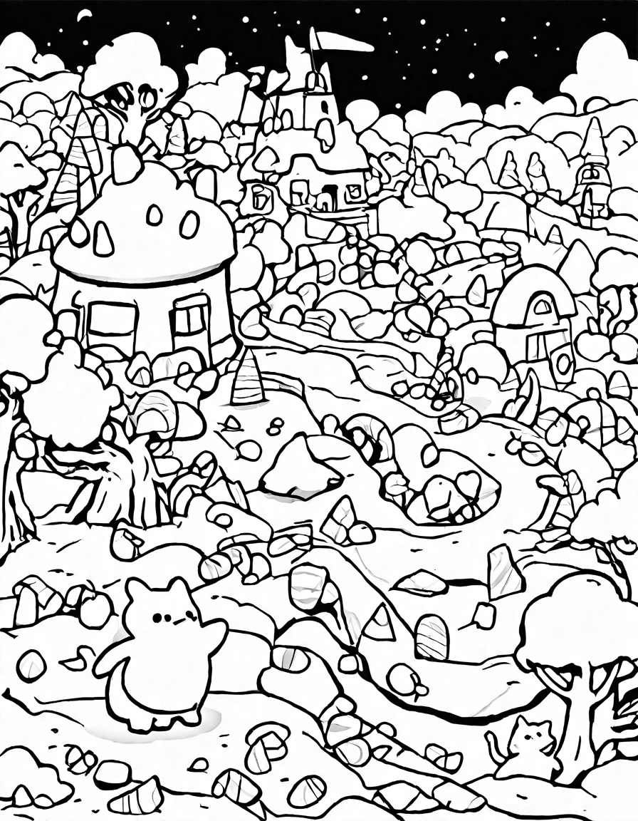 coloring page of licorice labyrinth quest with gumdrops, marshmallow creatures, and candy corn in black and white